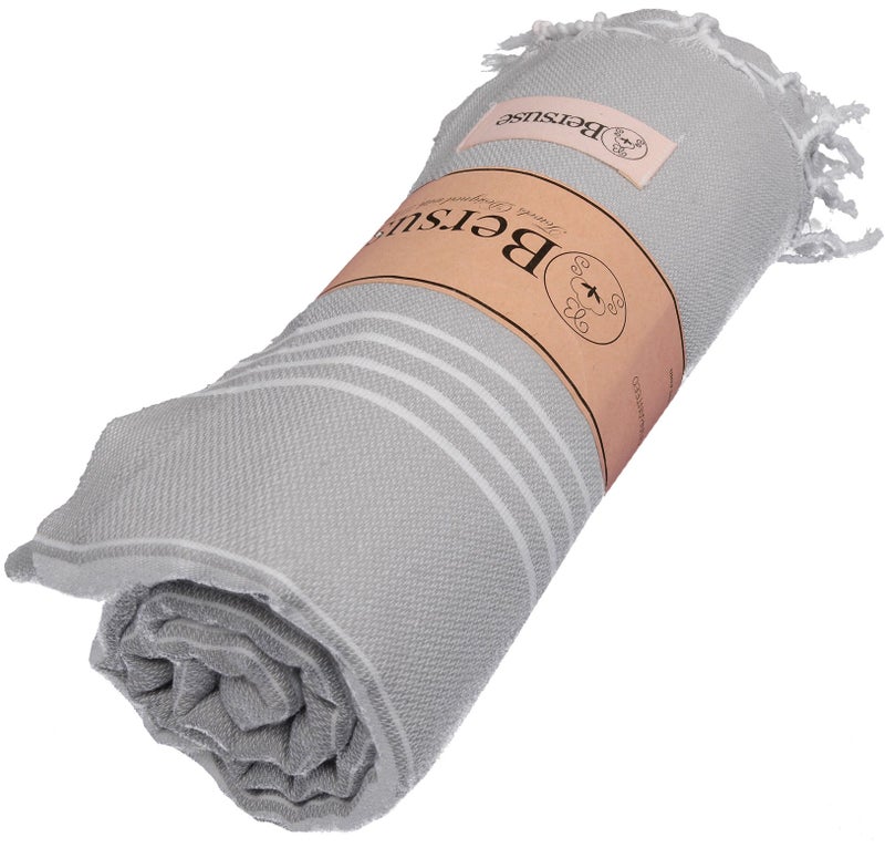 Bersuse Towels Anatolia XL Beach Blanket Throw Blanket Turkish Towel 100% Cotton Extra-Large Quick-Dry Lightweight Premium Peshtemal Towel - 61x82 Inches, Silver Grey - Image 2